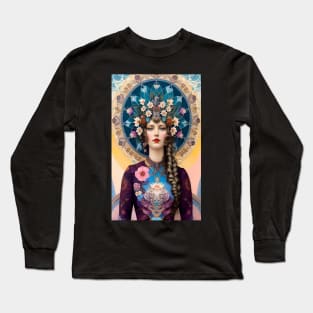 Art Deco Girl with Flowers Long Sleeve T-Shirt